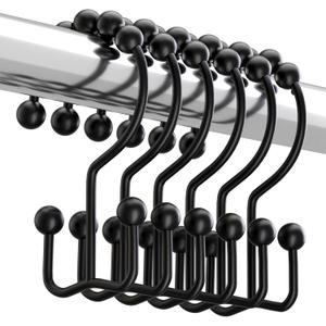 Titanker Black Shower Curtain Hooks Rings, Rust-Resistant Metal Double Glide Shower Hooks for Bathroom Shower Rods Curtains, Set of 12 Hooks - Matte Black