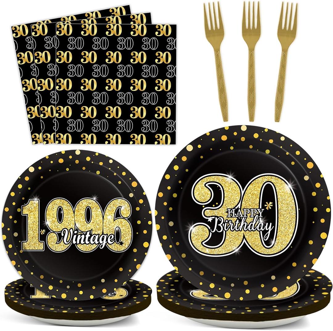 200PCS 30th Theme Birthday Party Tableware Vintage 1996 Party Supplies 30 Year Old Birthday Decorations Plates Napkins Forks Black and Gold Dinnerware Favors for Men or Women