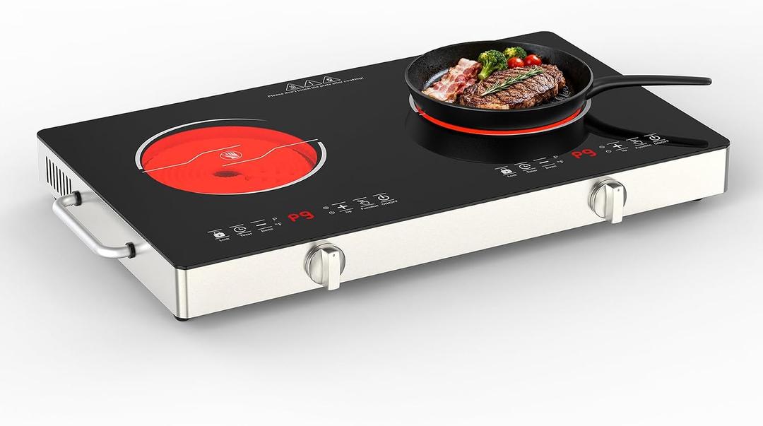 GIHETKUT Electric Cooktop,110V 2400W Stove top, Countertop Cooktop with 9 Power Levels, LED Display,Child Safety Lock, Timer,Knob and Touch Control 2 Burner Electric Cooktop