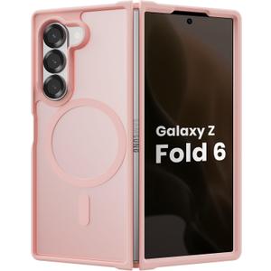Magnetic Case for Samsung Galaxy Z fold 6 Case, Slim Translucent Matte Phone Cover with Shockproof TPU Frame & Scratch-Resistant PC Back, Strong Magnetic Ring, Chalk Pink