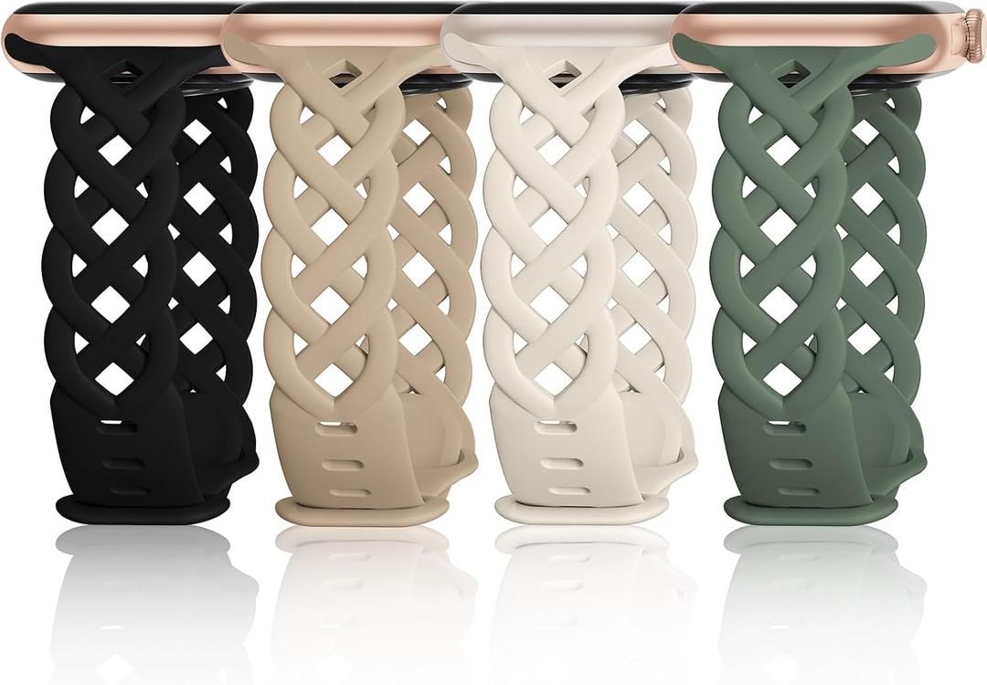Slim Silicone Bands Compatible with Apple Watch Band 40mm 38mm 41mm 44mm 45mm 46mm 42mm Women Floral Breathable Braided Lace Thin Sport Strap Replacement Wristbands for iWatch SE Series 11 10 9 8 7 6 5 4 3 ultra 2 (Black/Walnut/Green/Starlight, 38mm/40mm/41mm)