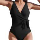 AI'MAGE Womens One Piece Swimsuits V Neck Slimming Bathing Suit Color Block Tie Side Swimwear Tummy Control Swim Suits 2025 Black XL
