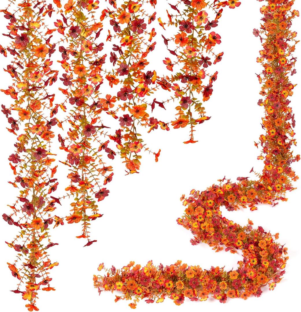 Fall Mums Flowers Artificial Garland for Decoration, 4 Pack 5.9 FT Faux Mums with Eucalyptus Leaves Ivy, UV Resistant Fake Fall Daisy Floral Vine Flowers for Home Garden Wedding Backdrop Decor (Red Orange Red)
