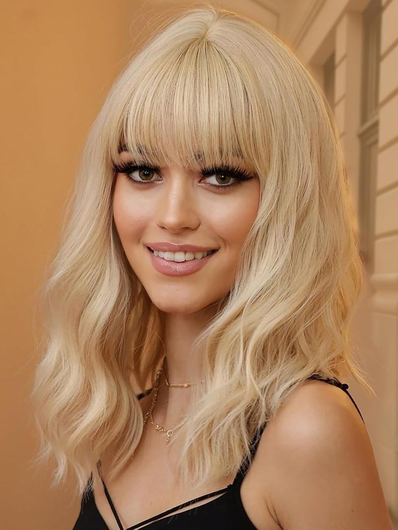 Mairead Short Blonde Wig With Bangs Short Wavy Curly Wig With Bangs Blonde Bob Wigs For Women Synthetic Heat Resistant Wigs for Halloween Costumes Cosplay Daily (Body, 613#)