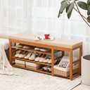 PETKABOO 47.2 in Shoe Rack Bench with Cushion, 3 Tier Bamboo Entryway Bench with Storage for Entryway, Hallway, Bedroom, Living Room