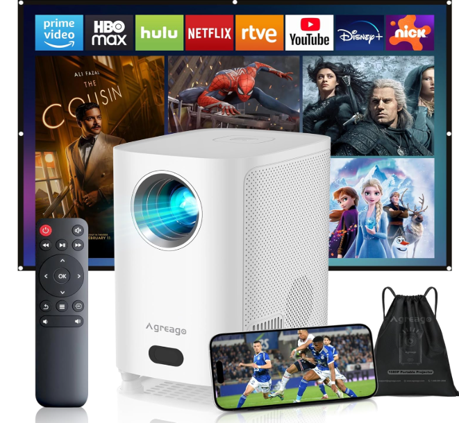 [Electric Focus] Projector with WiFi and Bluetooth, Native 1080P 15,000 Lumens 4K Supported, Agreago Outdoor Movie Projector for Home Theater UP to 300", for iOS/Android/TV Stick/HDMI/USB (White)