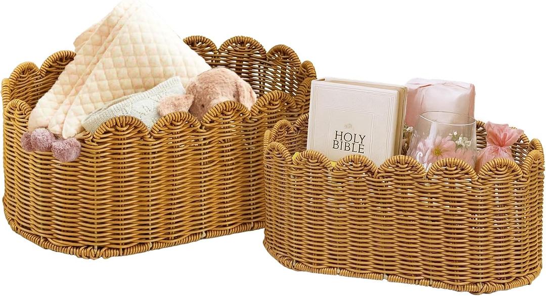Rattan Picnic Basket Set of 2, Wicker Picnic Basket with Scalloped Edge, Garden Harvest Basket, Woven Baskets for Vegetable & Fruit, Mocha