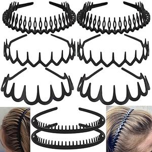 8 PCS Fashion No Slip Effortless Plastic Headbands with Teeth Comb Black Skinny Headbands Hair Accessories Bands for Women Men Teen Girls, Classic Black Bright