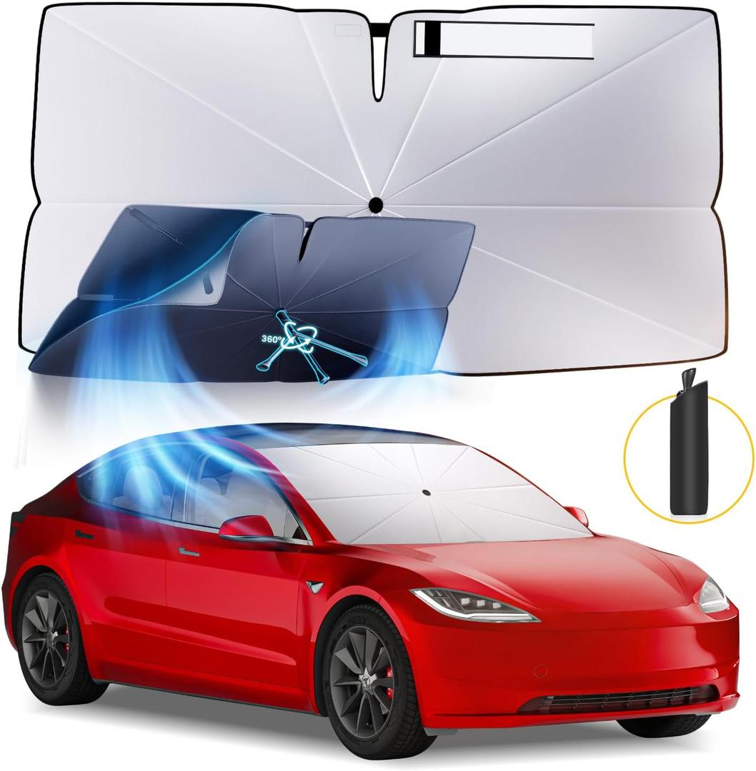 Windshield Sun Shade Umbrella Compatible with Tesla Model 3 2016-2024 2025: Highland Front Car Window Shades - Foldable Model 3 Sunshades Block UV Keep Cool (Thickened-for Model 3 (Blocks 99% of UV & Heat))