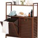 Baveke Bamboo Tilt Out Laundry Hamper with 2 Tier Shelves, Hidden Laundry Hampers with 2 Removable Bags, Pull Out Laundry Hamper Cabinet, Bathroom Storage Shelf for Laundry Room, FSC-Certified, Brown