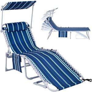 WEJOY Folding Lounge Chair with Canopy Shade, Portable Adjustable 5-Position Patio Chaise Lounger with Pillow & Pouch for Lay Flat Outdoor Lawn Backyard Beach Camping Pool Tanning (Blue White)