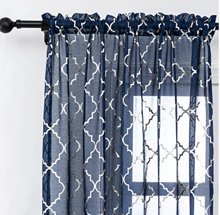 YJ YANJUN Blue and Silver Sheer Curtains 84 inches Long Rod Pocket Moroccan Shiny Metallic Print Voile for Living Room 2 Panel W52 x L84 Inches