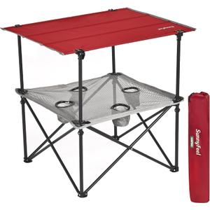 SUNNYFEEL Folding Camping Table- Collapsible Portable Beach Table with 4 Cup Holders & Carry Bags, Tailgate Table for Outdoor Excursion Picnic Hiking Fishing Travel Parties, Red, 30.12 inches x 23.43 inches x 27.95 inches