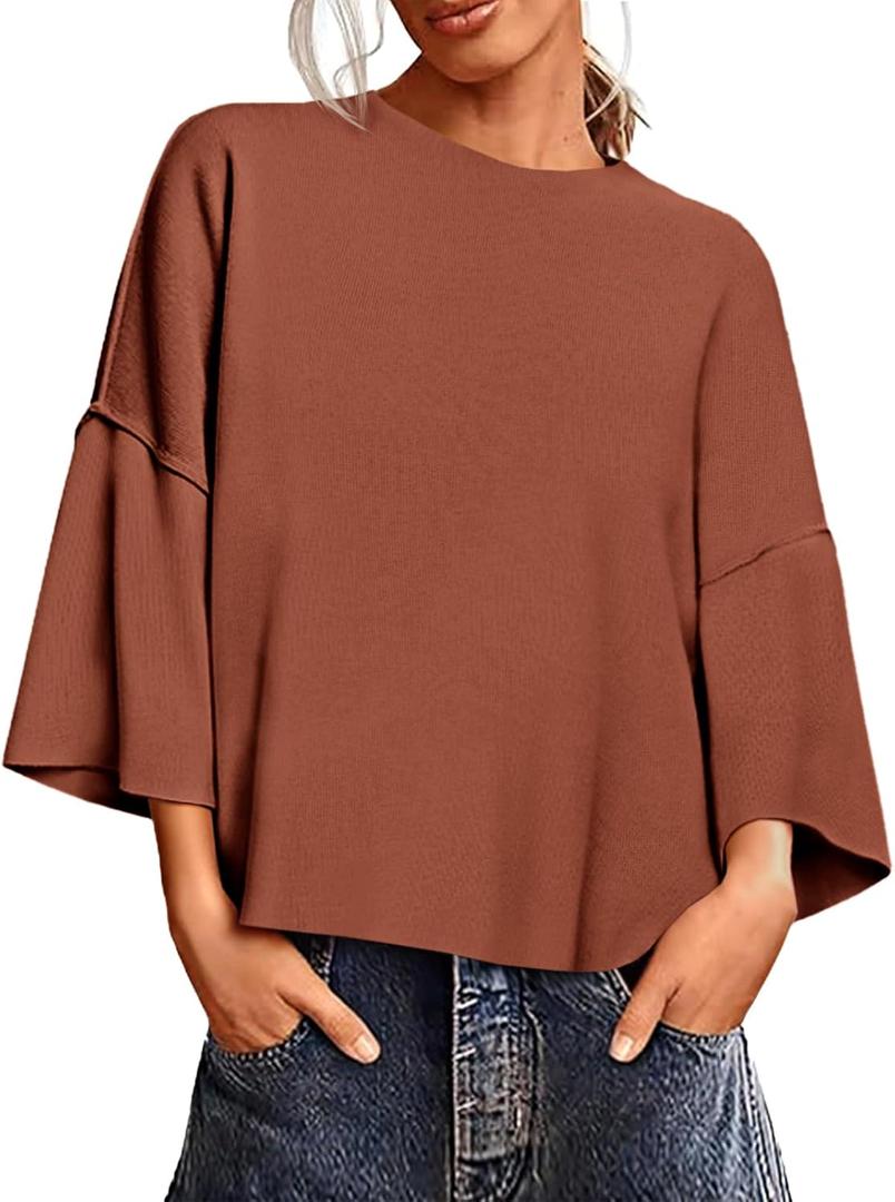 Saodimallsu Womens 3/4 Sleeve Sweaters Lightweight Crewneck Loose Pullover Casual Oversized Fall Knit Tops (XL)