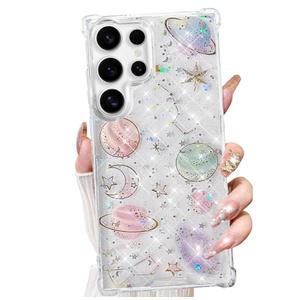 Changjia for Samsung Galaxy S24 Ultra Clear Glitter Case,Cute Bling Sparkle Planet Space Stars Moon Universe Pattern Soft TPU Silicone Shockproof Women Girls Protective Case for Galaxy S26 Ultra,Clear