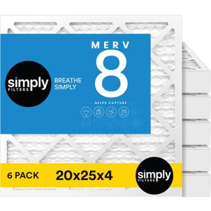 Simply 20x25x4 Air Filter, MERV 8, MPR 600, 6 Pack, Furnace Air Filter for HVAC (Actual Size:19.5"x24.5"x3.63") DUST, Pet, & Allergy Control