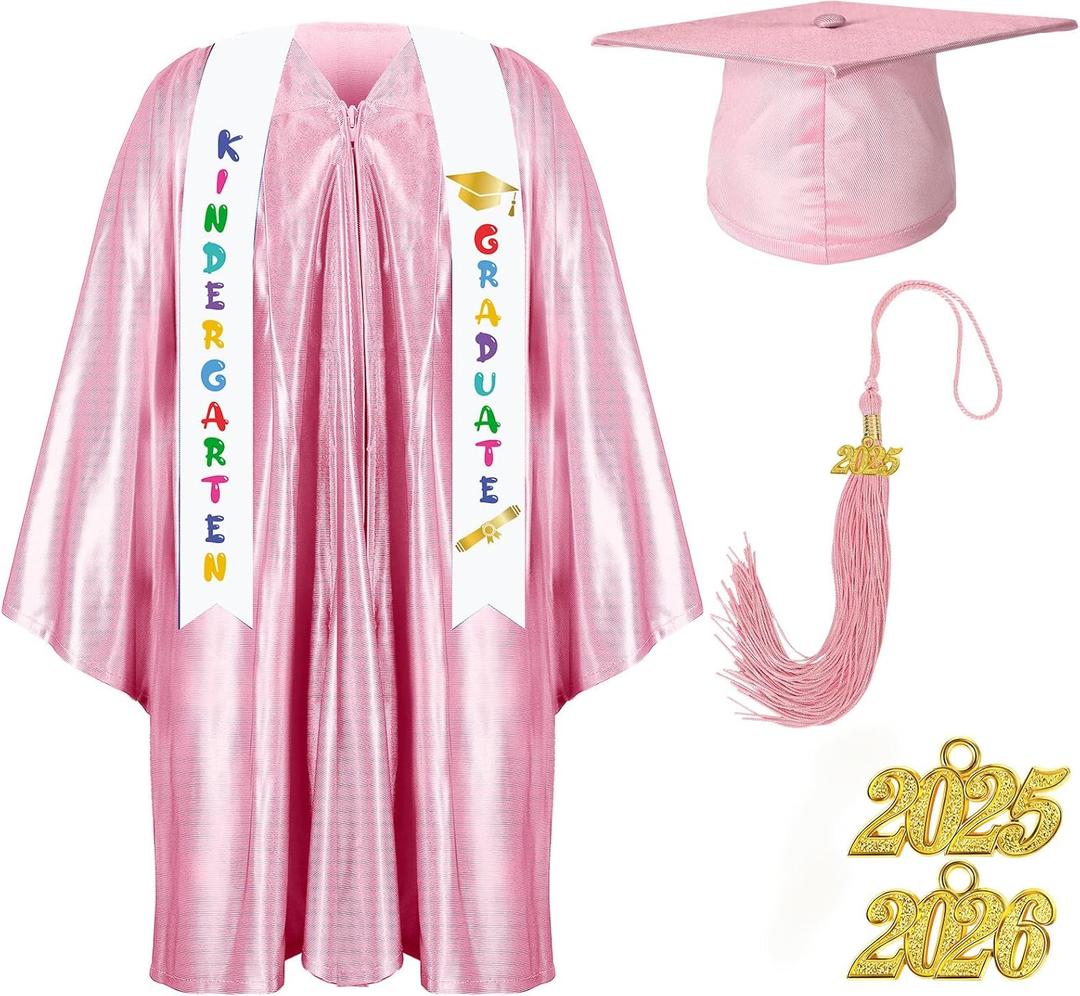 Foaincore 2025 Year Preschool and Kindergarten Graduation Gown Cap Tassel Set with 2025/2026 Charm Printed Stole Grad Gift (33, Pink)