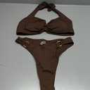 SKAYS Women's Sexy Two Piece Bikini Sets Triangle Swimsuits Ribbed Halter Ring Stylish High Cut Thong Swimwear Bathing (Medium, Coffeebrown)