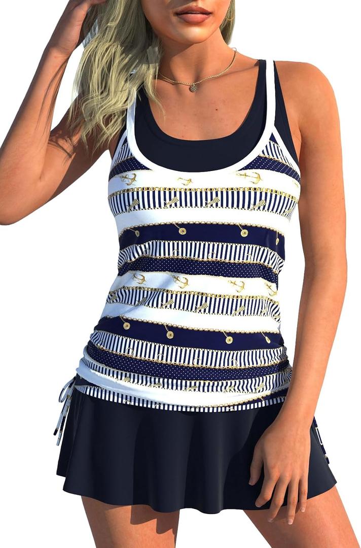 MODLILY Fake 2 in 1 Womens Tankini Bathing Suits, Moderate Coverage Two Piece Swimsuits, Tank Top with Skirts (XL)