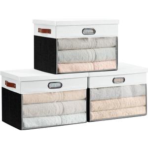 Fabric Clear Window Storage Bins with Lid, Closet Storage Box Linen Closet Baskets with 3 Handles for Organizing Clothing, Jeans, Shelves 17''- 3 Pack (Black and White)