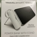 Travel Smart Phone Stand 5000mAh Power Bank: Built-In Cable, Charges 2 Devices Simultaneously