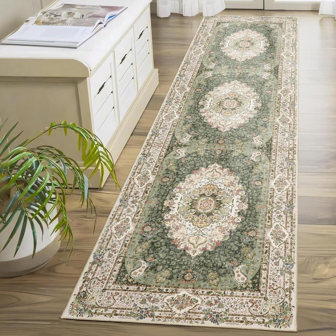 Washable Runner Rug 2x8,Green Rug Runners Non Slip,Long Boho Rugs for Hallways Kitchen Bedroom Entryway Living Room Bathroom,Vintage Bohemian Distressed Floor Carpet,Floral