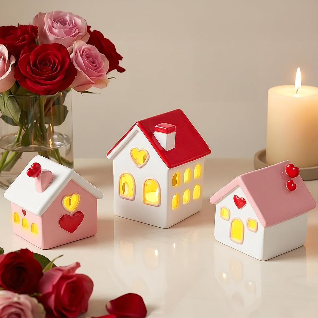 Valentines Day Decor Figurines, 3ct Cute Valentine Galentines Village House with LED Lights, Resin Mini House Accessories Table Decorations for Desk Tiered Tray Mantel Home Farmhouse Office Gifts