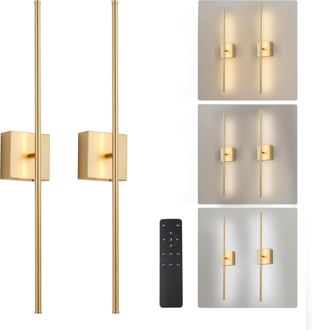 Removable Battery Operated Wall Sconces with Remote Control, Stepless Colors 3000K-6000K & Dimming, 350Rotate, LED Gold Wireless Wall Light for Living Room, Bedroom, 40.1 Inch (2 Pack)