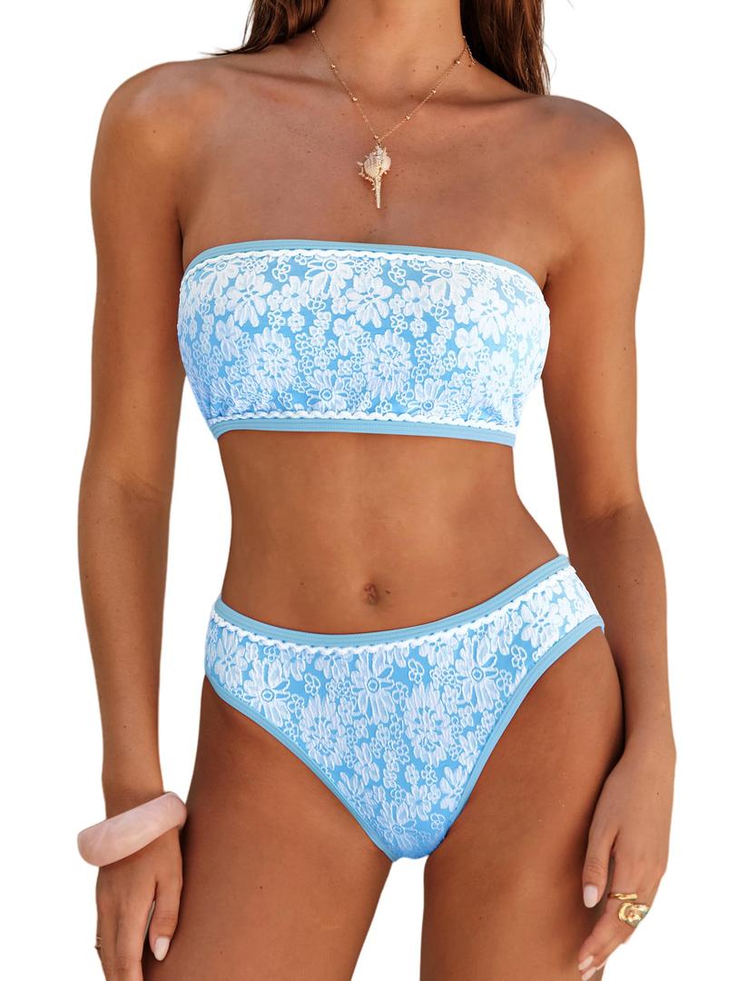 ZAFUL Bikini Set for Women Strapless Textured Bandeau Bikini Two Piece Swimsuit Lace up Bathing Suits XL