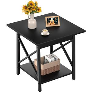 GreenForest End Table 24 inch for Living Room, Large Square Side Tables with X-Frame, Tall Industrial Bedside Nightstand with 2-Tier Storage, Black