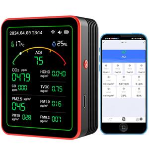 Professional 15-in-1 Air Quality Monitor with Smartphone APP - Dual Chip - Sensors Detect CO2, PM2.5/ PM10, HCHO, TVOC | Real-Time Alerts & Custom Thresholds | for Home, Car, Office, Plants, Pets