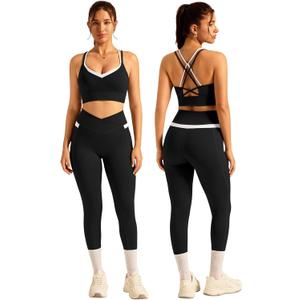 Womens Workout Sets Two Piece V-Neck Sports Bra High Waisted Legging Trousers Gym Yoga Athletic Outfits Small