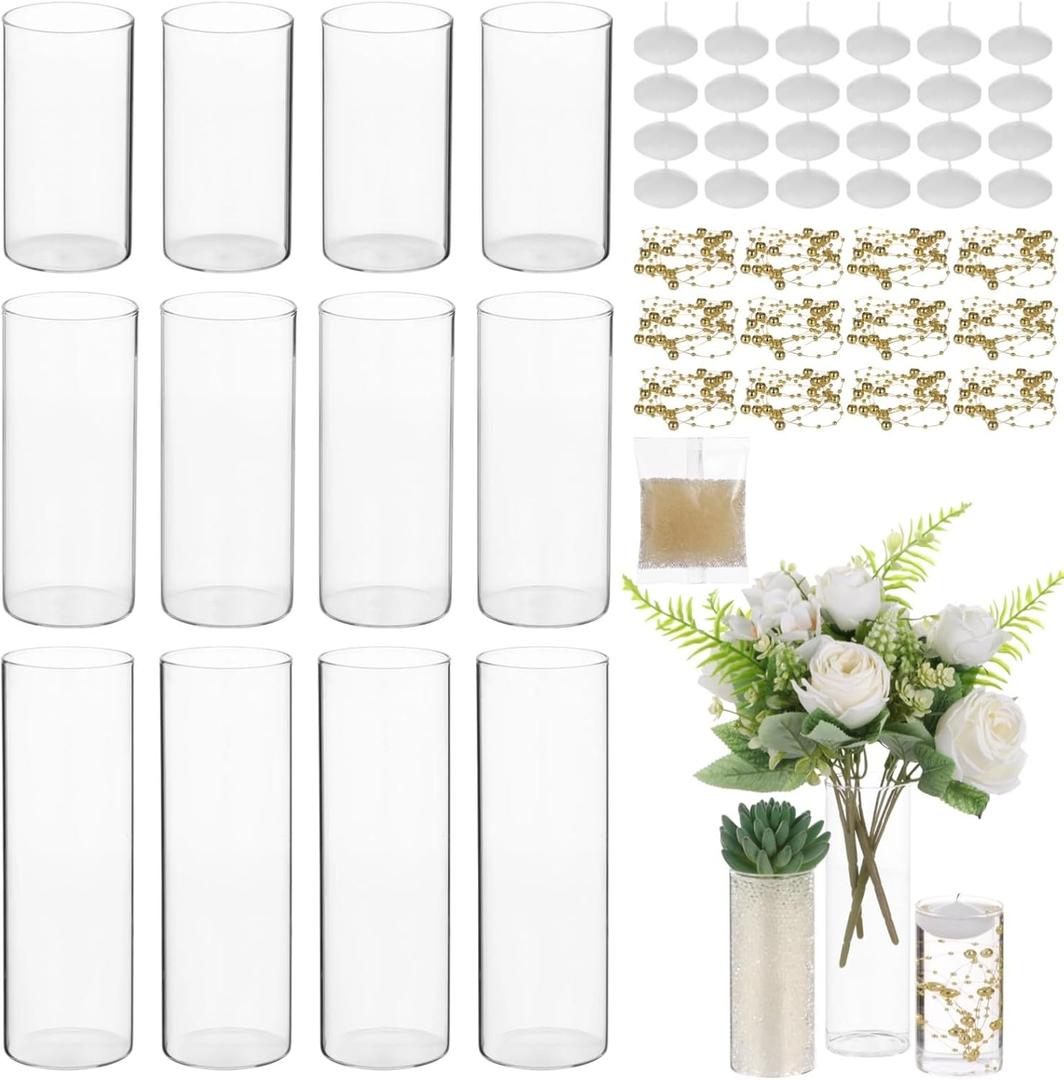 OMISTAR 12 Set Floating Candle Vases for Centerpieces - Including 3 Sizes Cylinder Vases, Floating Candles, Golden Beaded Lines, and Absorbent Beads for Wedding, Party, Home Decoration