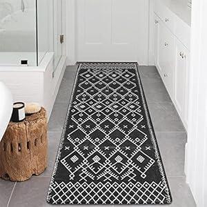 Uphome Hallway Runner Rug 24x71 inch Black Boho Geometric Extra Long Bathroom Rugs Non-Slip Moroccan Farmhouse Bath Mat Soft Velvet Machine Washable Bathroom Mats for Sink Bedroom Living Room