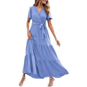 MASCOMODA Womens Summer Swiss Dot Maxi Dresses Wrap V Neck Flutter Short Sleeve Boho Casual Flowy Long Wedding Guest Dress (Blue, S)