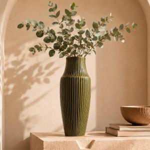 Tall Ceramic Vase Green, Large Flower Vase for Home Decor - 14 Inch