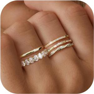 Dochais 5PCS Stackable Gold Silver Rings for Women, Non Tarnish Dainty Cubic Zirconia Rings, 14K Gold Plated Minimalist Wedding Band Rings Set, Trendy Statement Stacking Rings Size 5-10 (6)