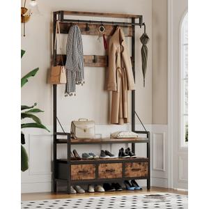 Hall Tree with Bench and Shoe Storage, Freestanding Entryway Coat Rack with 3 Fabric Drawers, 16 Hooks