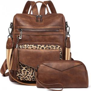 GAEKEAO Backpack Purse for Women Fashion Leather Designer Travel Backpack Purses Convertible Shoulder Bag with Wristlet (Brown With Leopard)