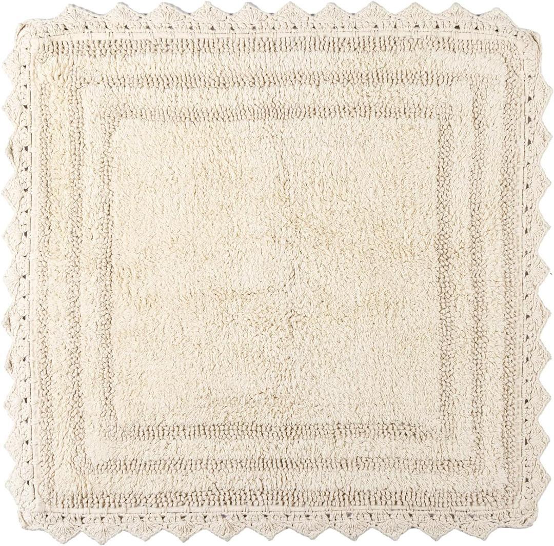 RAJRANG Bath Mat for Bathroom Kitchen and Spa with Crochet Pattern Cotton Absorbent Soft Reversible Bath Rug Shortbread Square 24 Inches