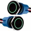 LED Latching Aluminum Push Button Switch 12-24V DC 20A 1NO On Off with Wire Socket (2, Green, 22mm)