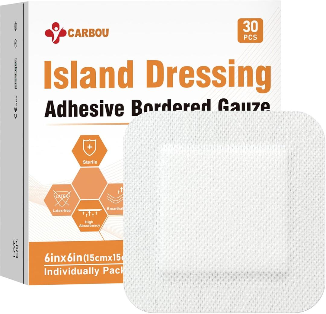 [6''x6''-30count] Carbou Island Dressing Bordered Gauze Sterile Individually Wrapped Gauze Pads, Highly Absorbent Adhesive Dressing Pad, Soft and Breathable Wound Dressing for Wound Care