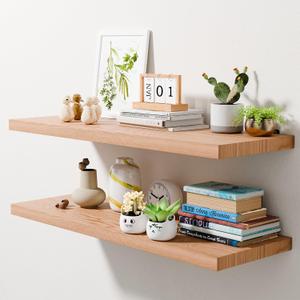 36 Inch Solid Oak Floating Shelves for Wall - Natural 12 Inch Deep Wall Shelf Set of 2, Rustic Display Shelf Wall Mounted, Hanging Wall Shelf Decoration for Bedroom, Bathroom, Living Room (36 Inch Oak Floating Shelf, Set of 2)