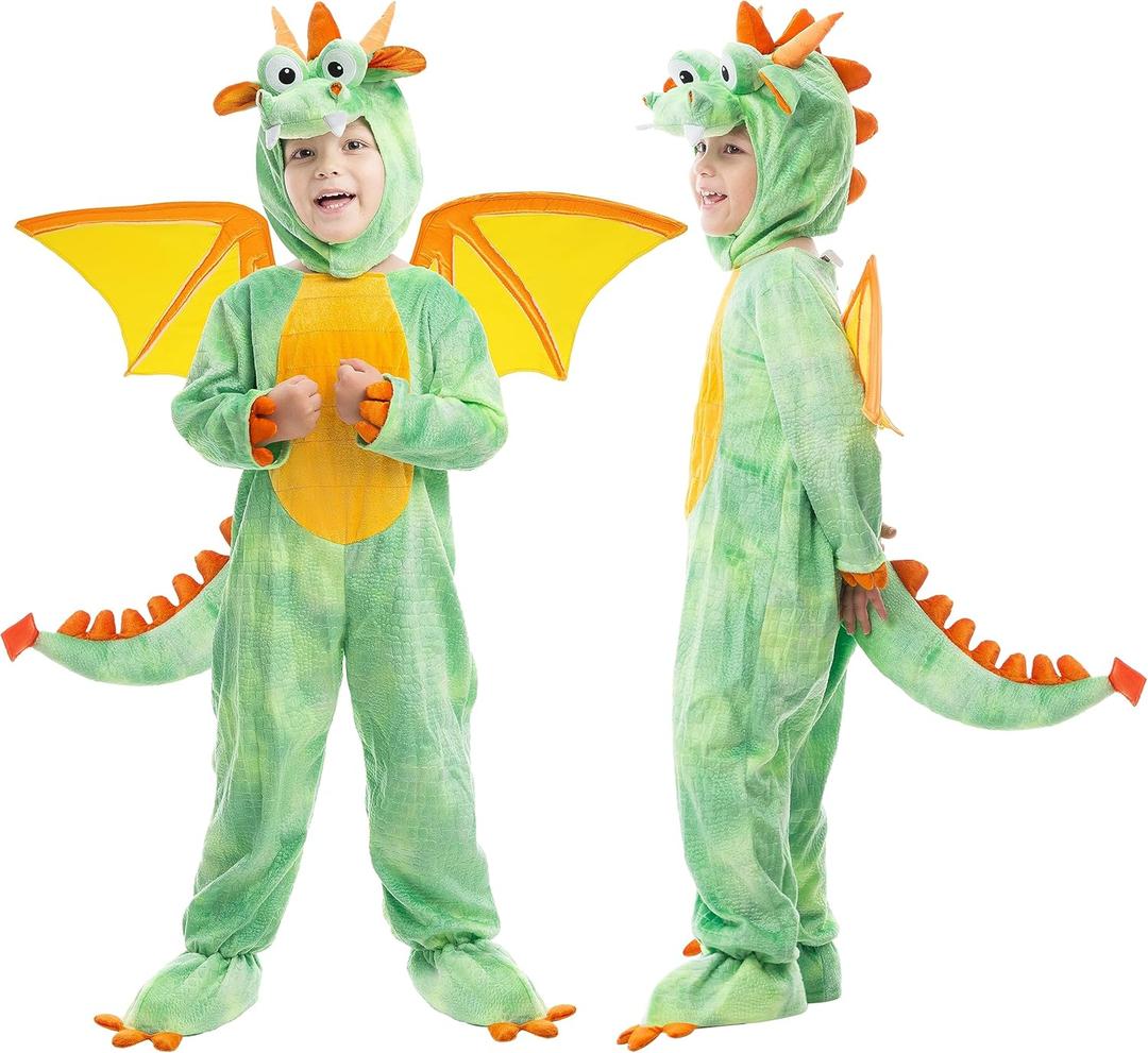 Spooktacular Creations Halloween Toddler Dragon Costume, Dinosaur Costume kids with Wings for Baby Halloween Dress Up Party, (3-4 yrs), Green)