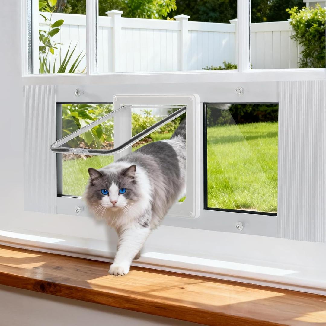 Aluminum Frame Window Cat Door Insert for 27''-32" Sash Windows, Magnetic Flap with 4 Locking Modes, Weatherproof Cat Window Door for Easy Pet Access (27''-32")