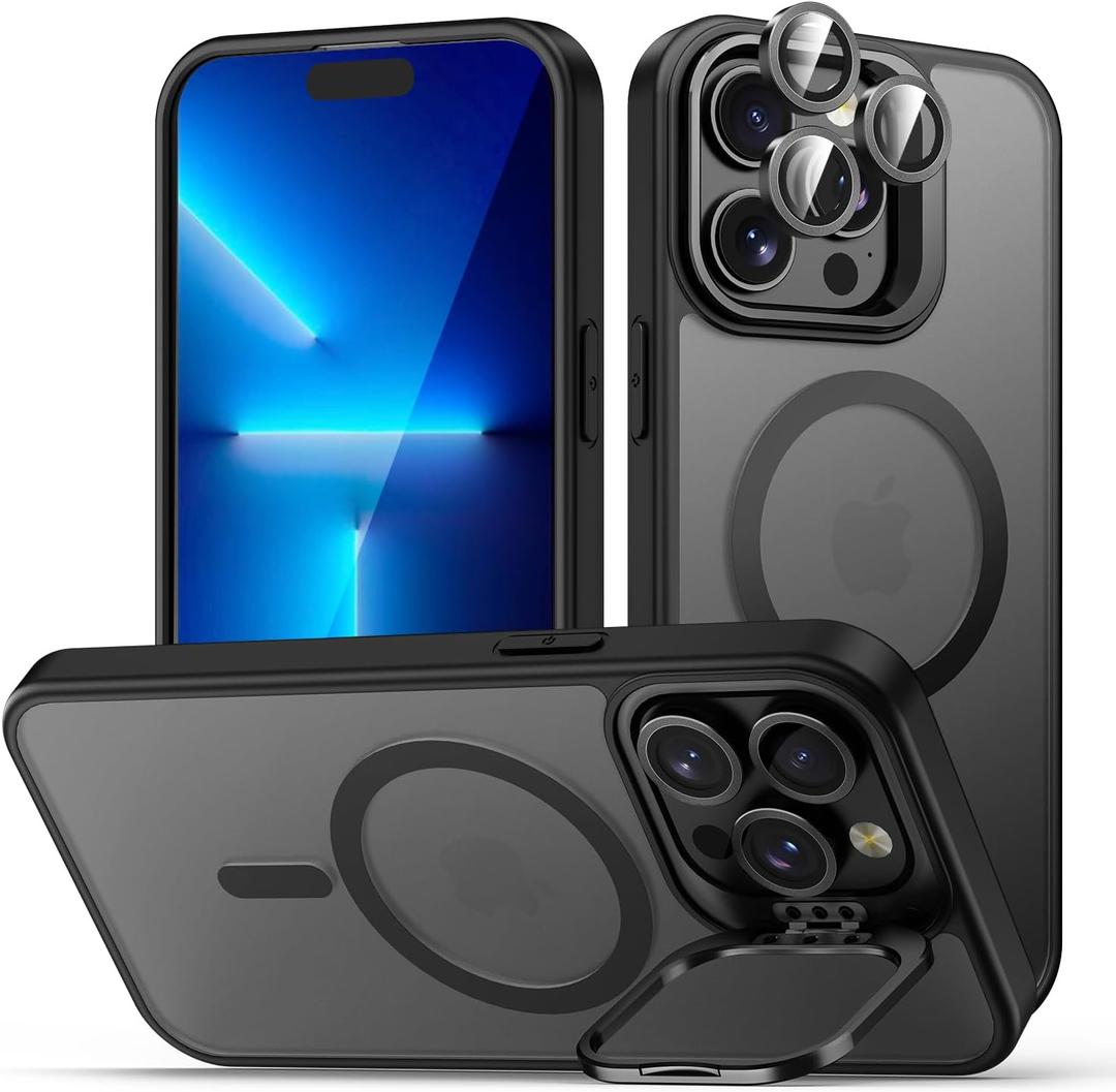 TOBOVON for iPhone 13 Pro Max Case, Compatible with MagSafe, 3-in-1 Camera Ring Stand, with 9H Camera Lens Cover, Non-Slip Translucent Matte Military-Grade Drop Protection Magnetic Case, Black