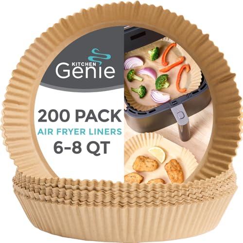 KITCHEN GENIE BPA-Free Non Stick Air Fryer Liners Disposable, Fits 5-8 QTS, 200 PCS, Easy Cleanup Unbleached Parchment Paper Inserts, Airfryer Basket Sheets, Compatible with Most Fryers, 8 Inch Round, pack of 6