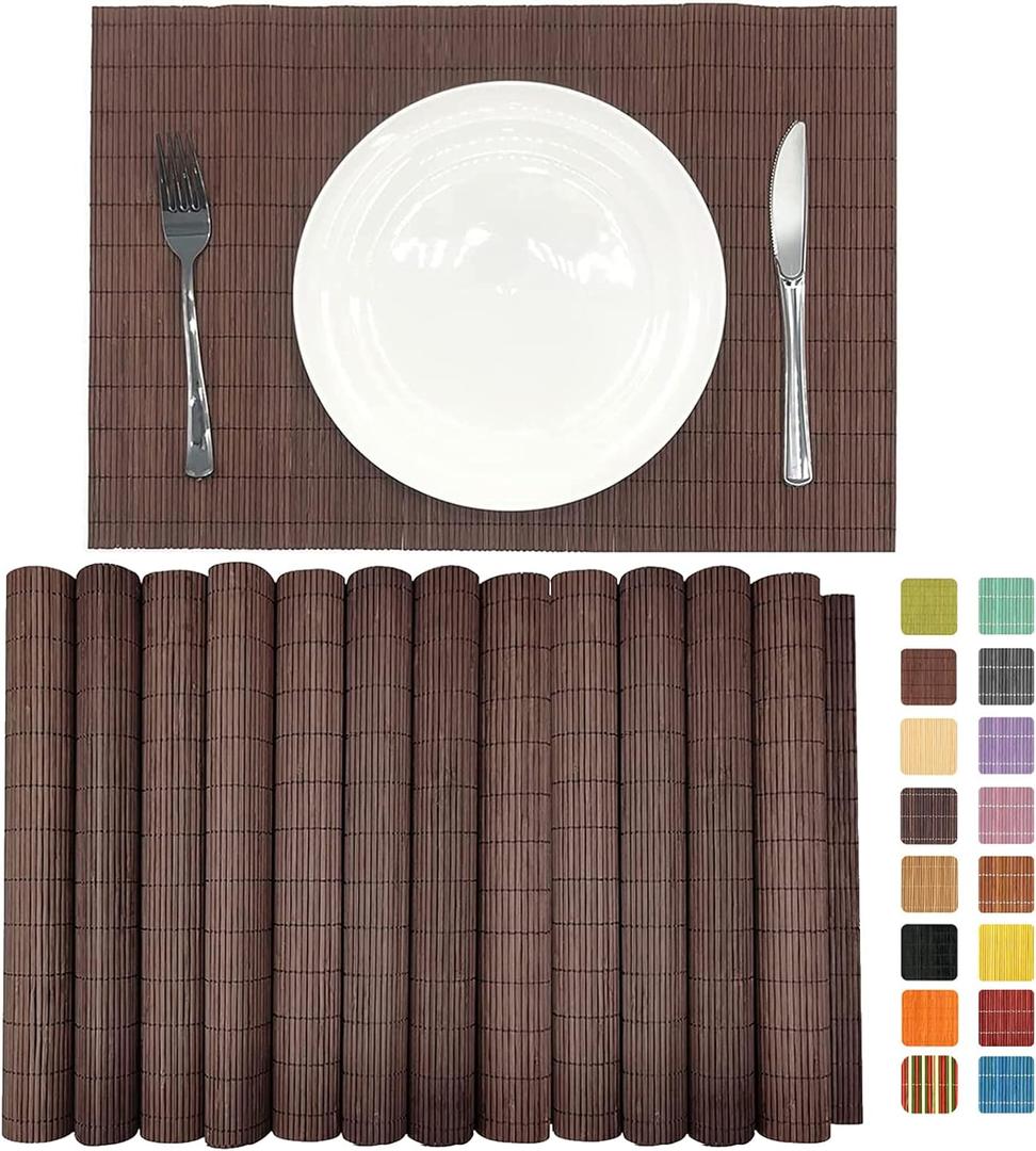 ANDSTAR Set of 12 Pcs Bamboo Placemats Natural Anti-Slip Bamboo Placemats Washable Heat-Resistant Table Mats for Dining Room and Kitchen (Chocolate)