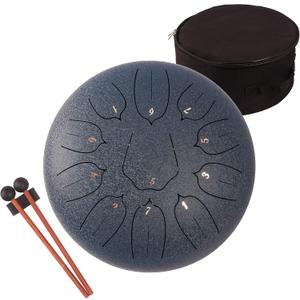 Steel Tongue Drum 12 Inch 11 Notes for Adults - Ethereal Metal Instrument for Meditation & Yoga with Music Book, Mallets & Carry Bag (Navy) (Dark Blue)