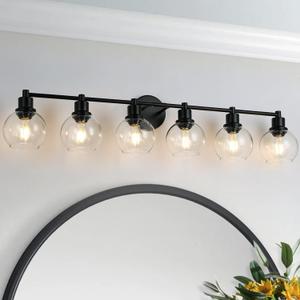 6 Light Black Bathroom Light Fixtures with Clear Globe Glass Shade, Matted Black Wall Sconce Over Mirror for Kitchen, Living Room